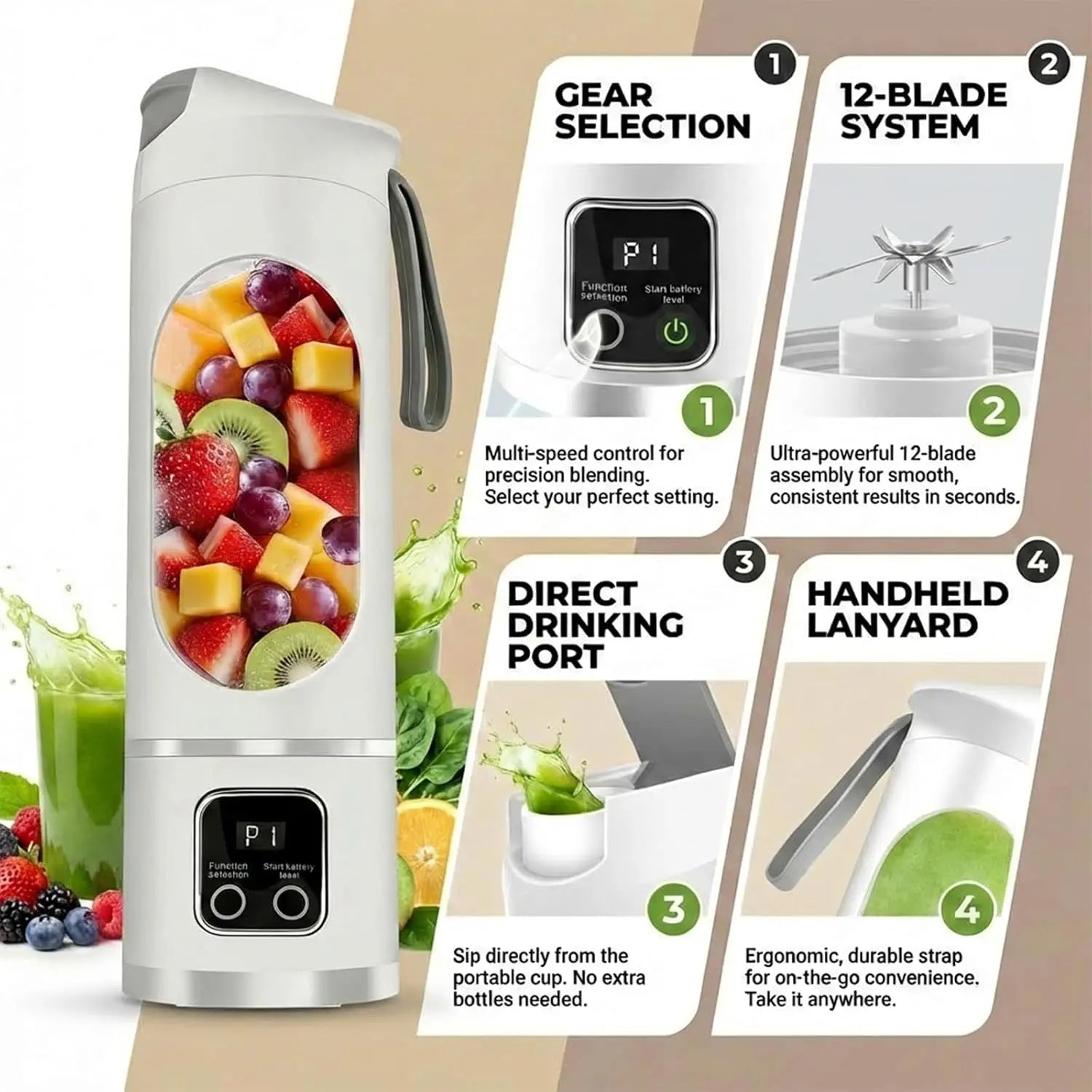 Portable Personal Electric Blender, 450Ml Shakes & Smoothies Blender, 12 Blades USB Rechargeable Small Blenders, Drinkware Water Bottles Tumbler Cup Mug Bottled Bottles, Washable Reusable Compact Convenient Versatile Home Essentials Bartender