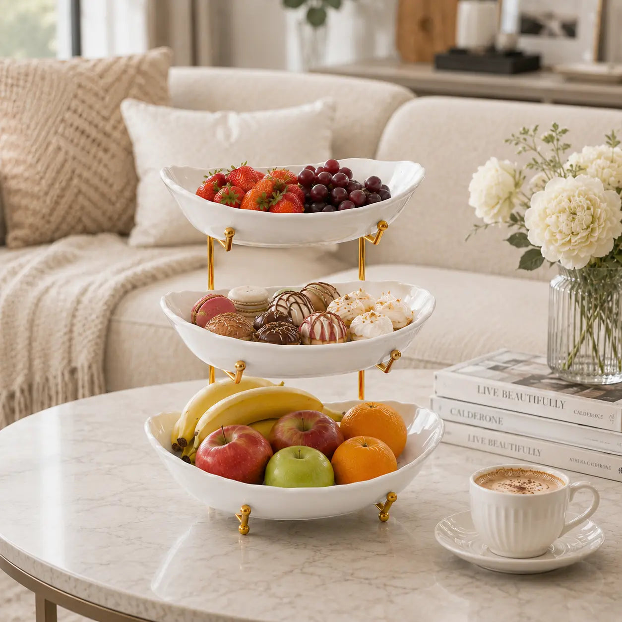 3-Tier Fruit Bowl Set with Metal Stand – Made of Shatter-Resistant & Lightweight Plastic Material, Large Capacity Countertop Fruit Basket for Fruits, Snacks & Nuts